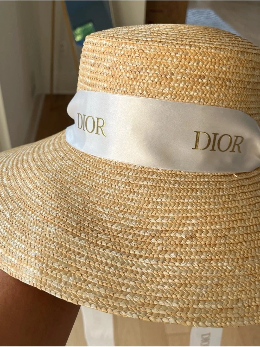 Natural Straw Wide-Brim Hat with real Dior White Logo Ribbon